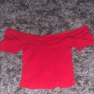 red off the shoulder shirt